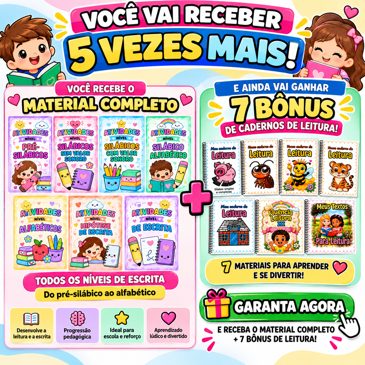 Pacote Prêmio com material completo de alfabetização e sete bônus de leitura